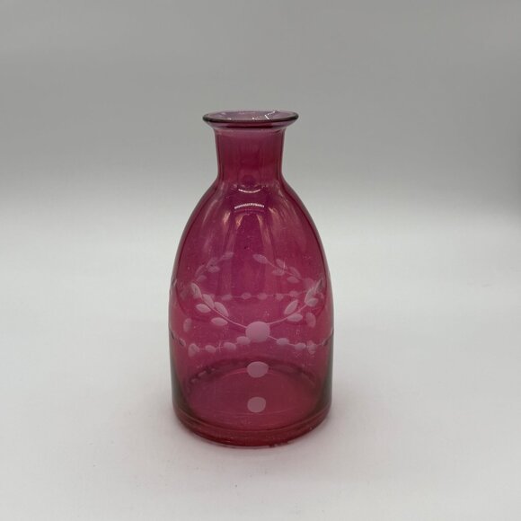 Vintage Czech Etched Cranberry Glass Cut-To-Clear Vase/Decanter - Picture 4 of 8